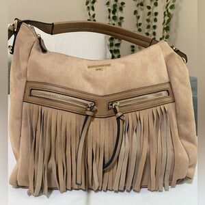 Expressions Beige Suede Fringe Shoulder Bag